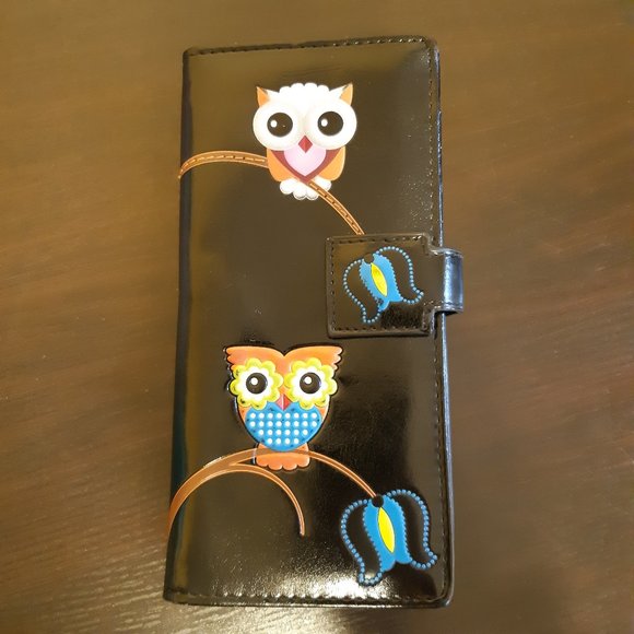 Shagwear large shiny black wallet vegan faux patent leather cute owls design - Picture 1 of 6